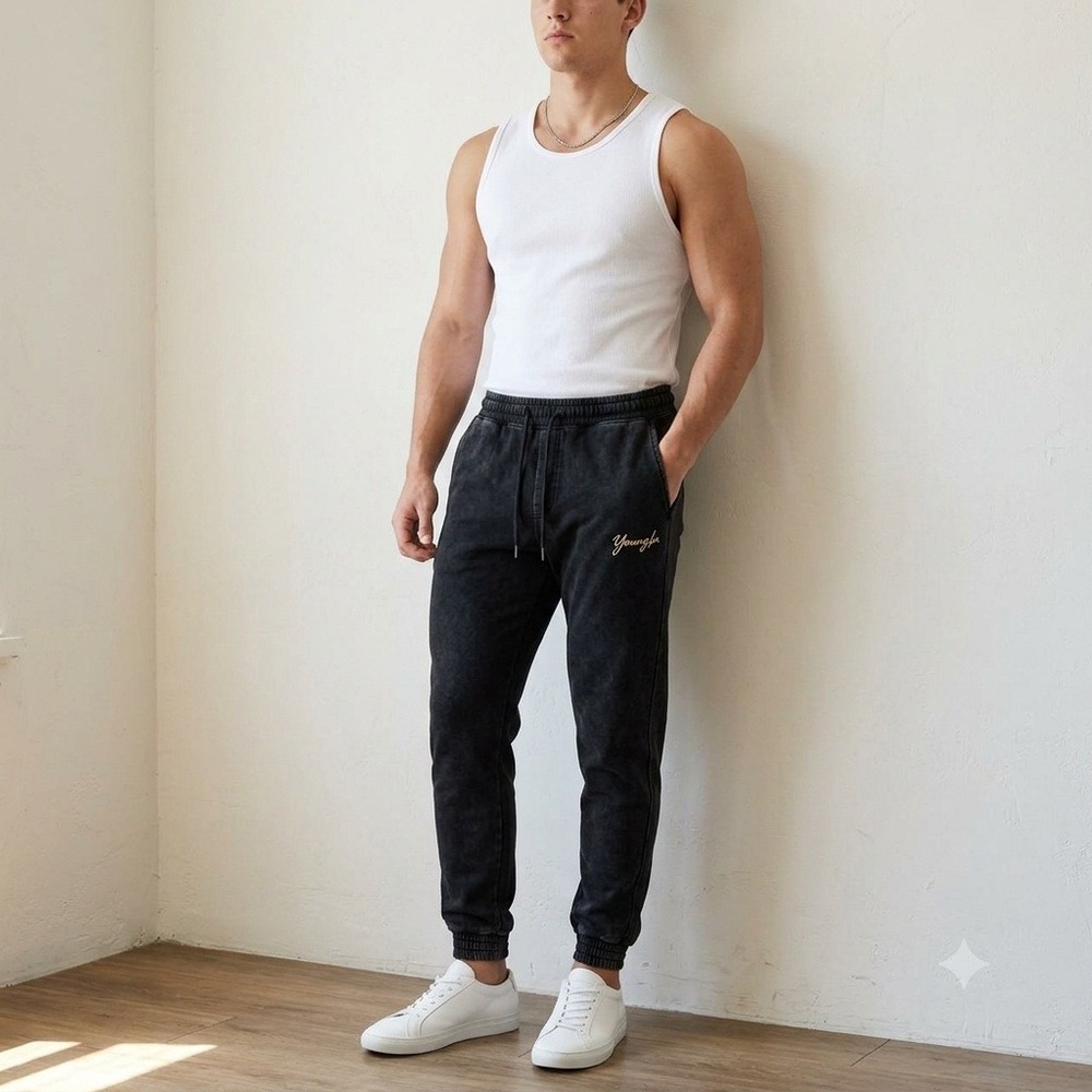 YoungLA Men Pants Small Black Graphic Drawstring Joggers‎ Gymwear Streetwear